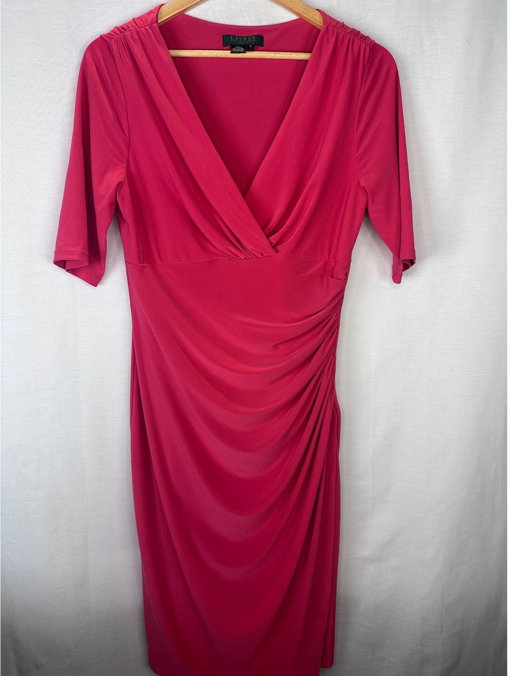 Ralph Lauren Dress Size 10 Fuchsia Ruched Faux Wrap V-Neck